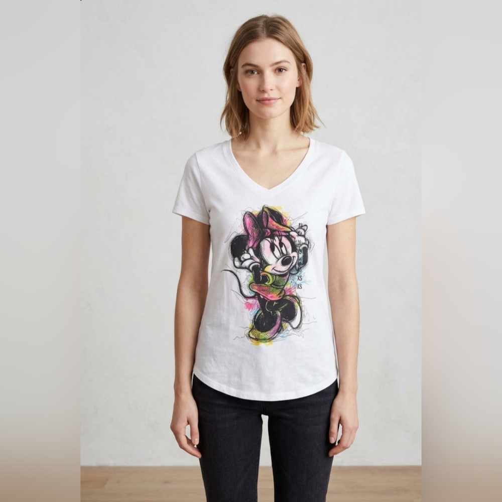 Disney Minnie Mouse Graphic Art V Neck Short Sleeve Tee NWOT Size XS